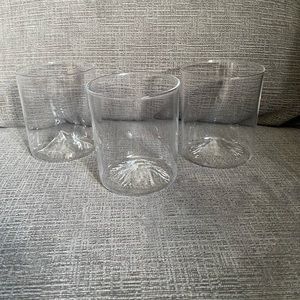Set of 3 lowball whiskey glasses with famous mountains hand blown into bottom